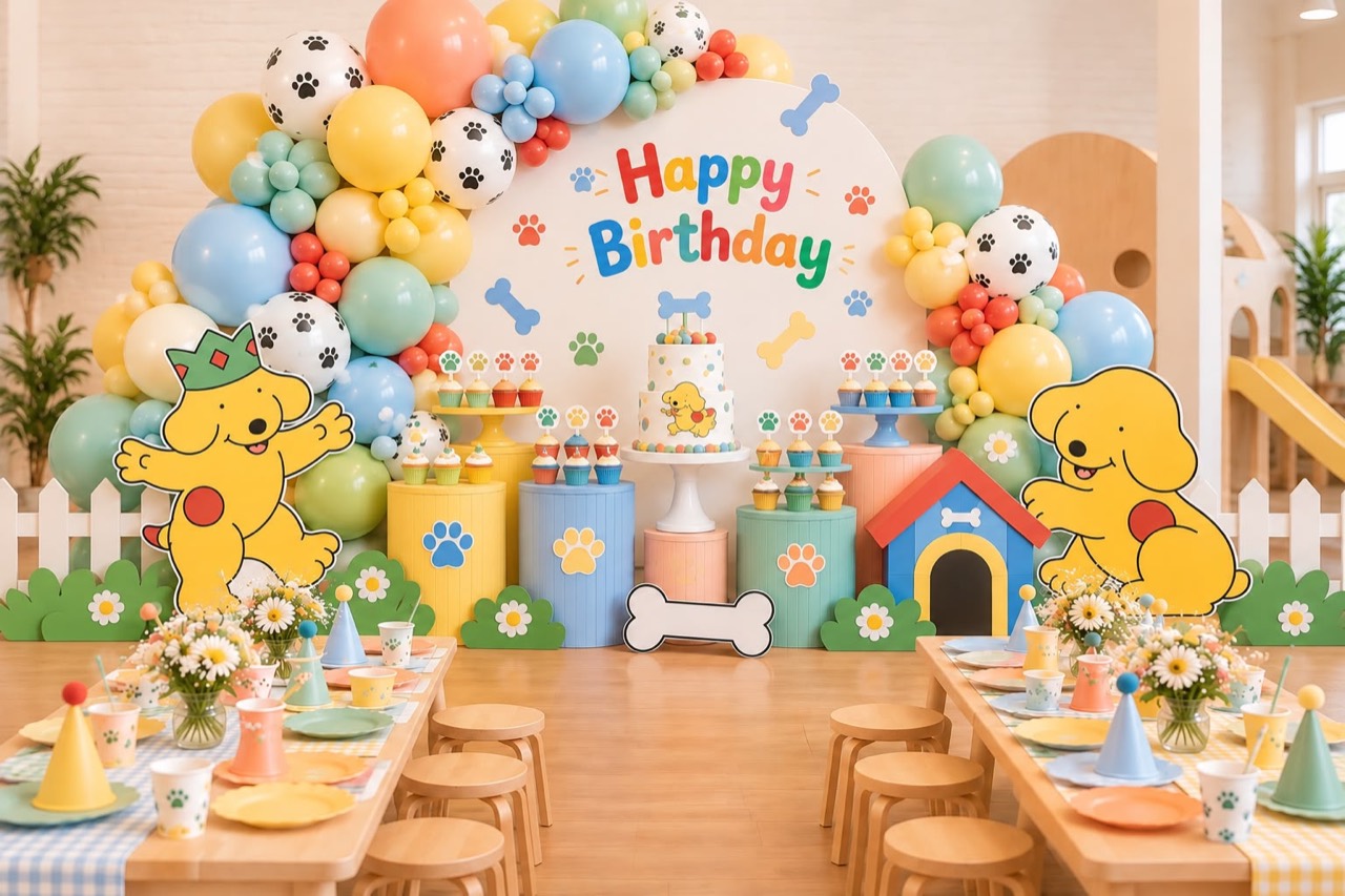 Colourful dog-themed birthday party setup at Play Nook